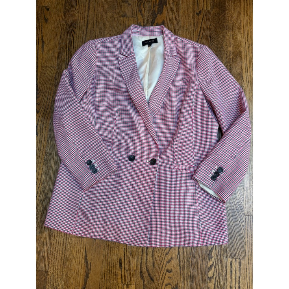 Talbots Blazer 16 Pink Houndstooth 100% Cotton Preppy Academia Collegiate